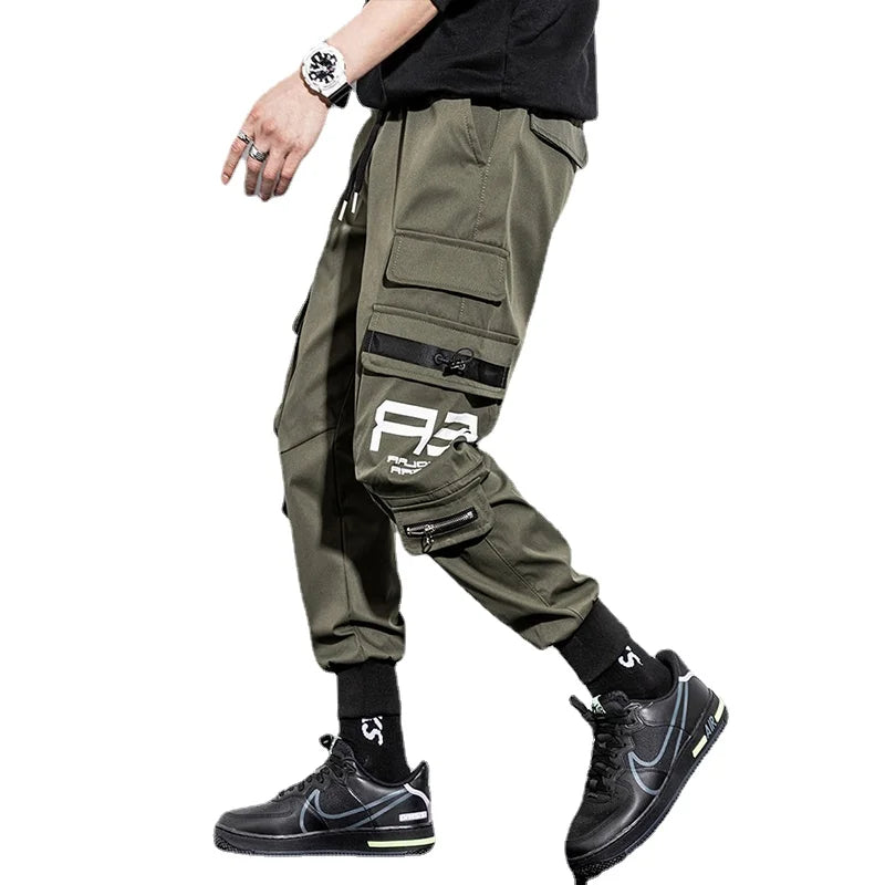 mens cargo pants elastic waist trousers with pockets streetwear hip hop loose fit ankle drawstring military sweatpants joggers urban active pants