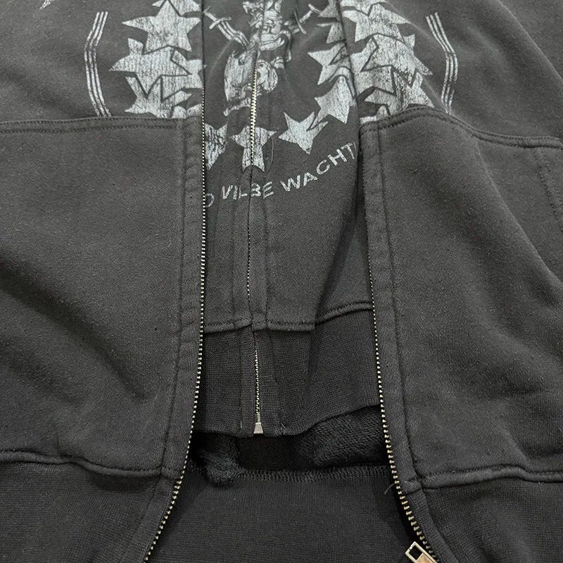 Techwear-inspired hoodie with futuristic cityscape print