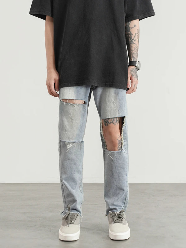 destroied big holes ripped denim jeans mens distressed biker jeans fashion high street slim straight pants streetwear joggers relaxed fit joggers