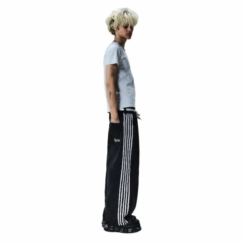 baggy jeans harajuku goth y2k jeans for men black striped new hip hop embroidered wide leg denim pants high street streetwear unique jeans style 274