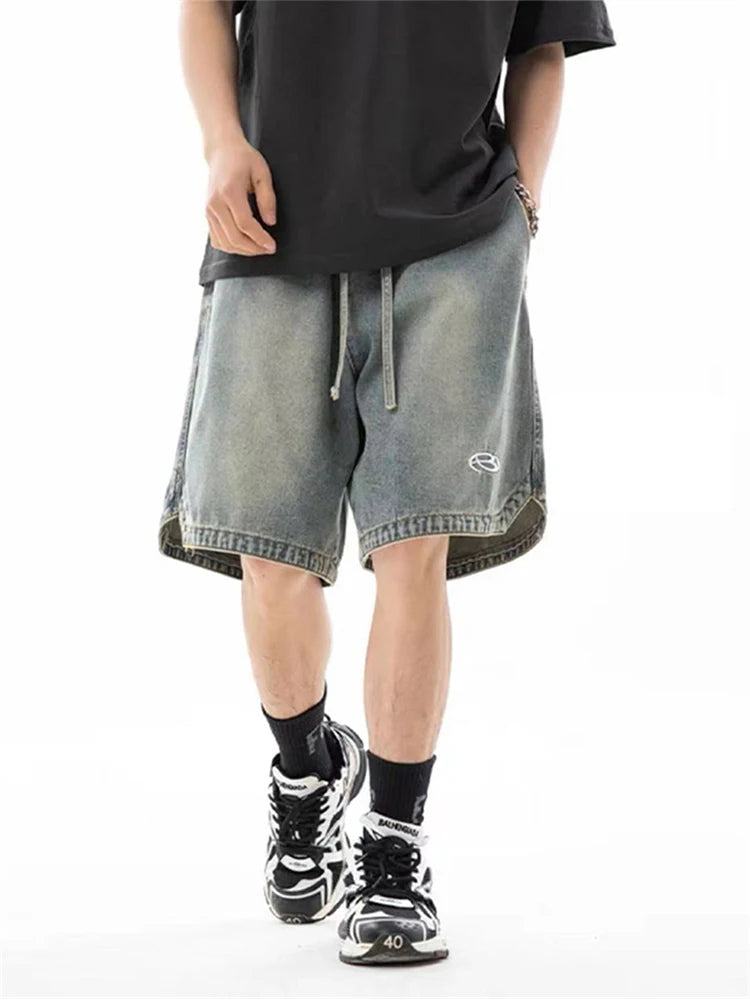 summer distressed denim shorts basic casual streetwear short jeans embroidery baggy hip hop fashion y2k blue bermuda shorts unique jeans style 3460