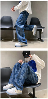 blue black plaid jeans men retro casual wide leg jeans mens streetwear loose hip hop straight denim trousers men vintage jeans unique jeans style 3933