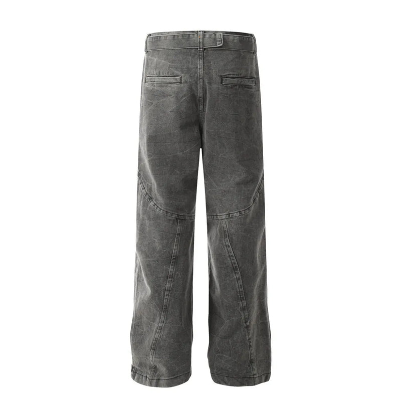 american high street vibe fashion splice jeans mens belt loose casual vintage wide leg straight denim baggy jeans pants trouser ripped baggy denim