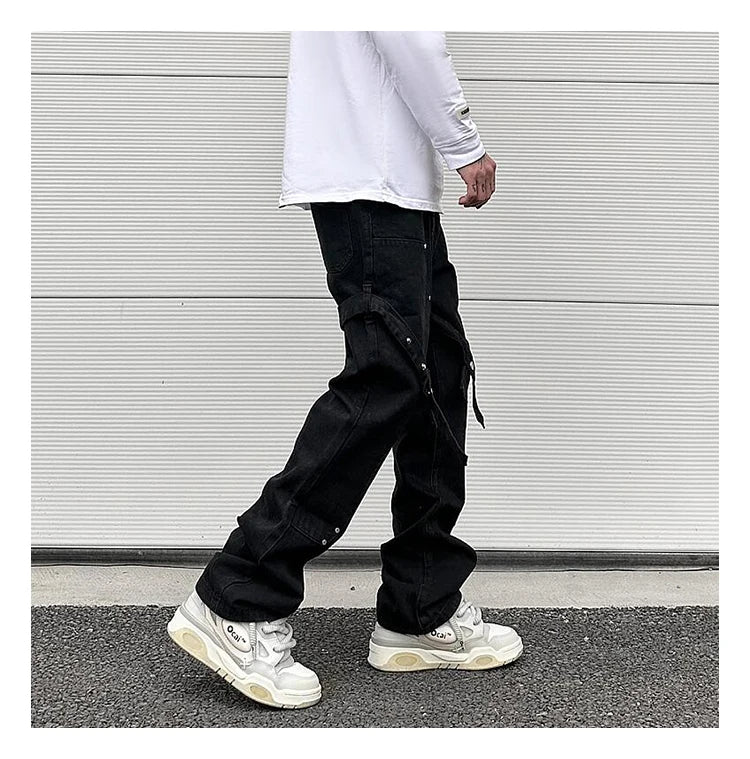 fashion knee adjust belt decoration denim jeans zipper straight jeans hip hop streetwear mens casual loose joggers jeans pants unique joggers style 2572