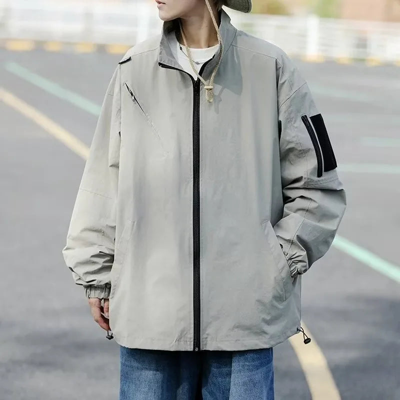 Outdoor Mens Charge Jacket Retro Loose Stand Collar Waterproof Tooling