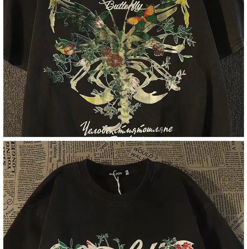 American retro high street skeleton butterfly pure cotton short-sleeved European and American fashion brand half-sleeved y2k top