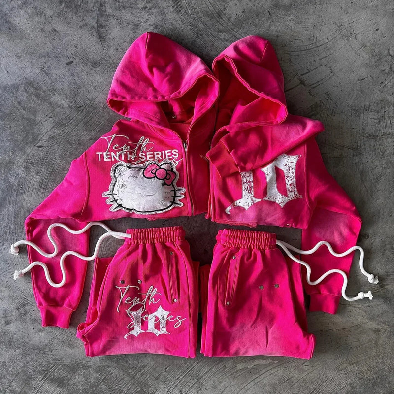Hip Hop Gothic Pink Oversized Hoodie Sweatshirt Streetwear Zip Hoodie