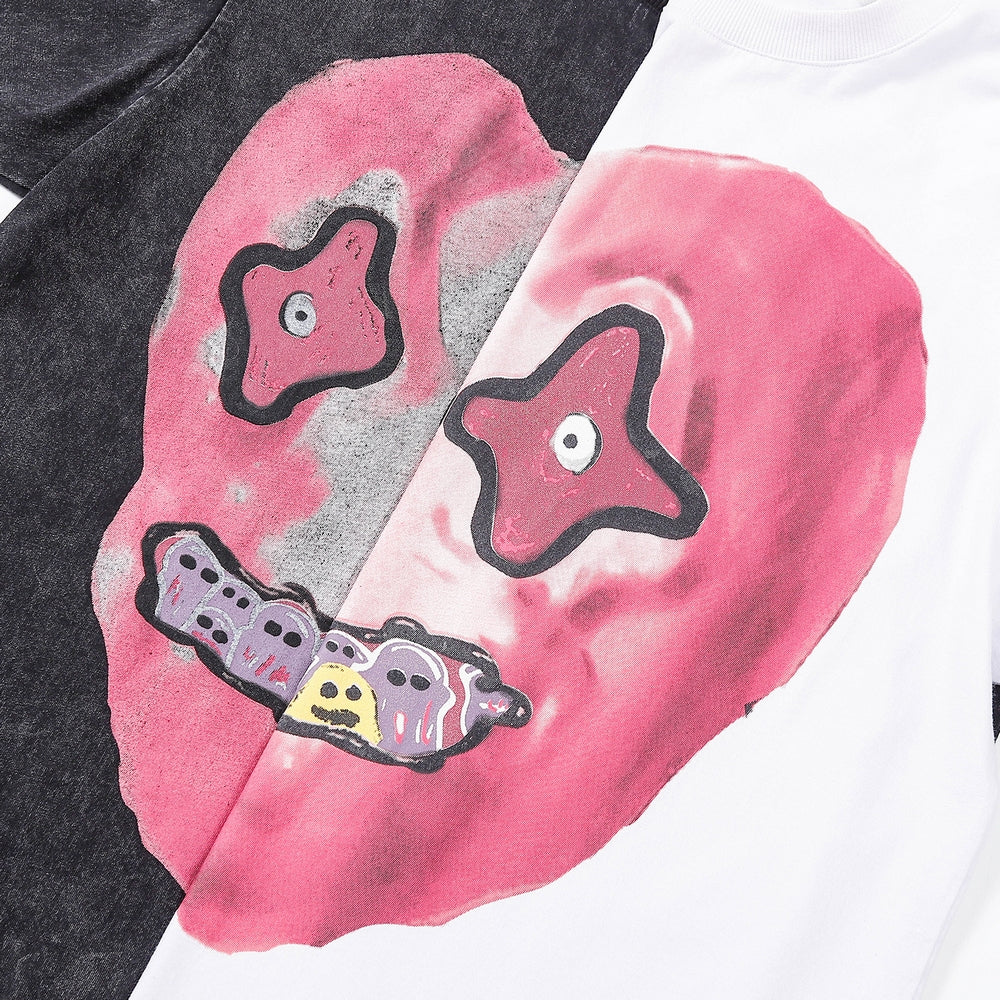 Gothic Streetwear – Men Hip Hop Washed T Shirt Streetwear Funny Heart Monster Pr – Urban Streetwear for Men & Women