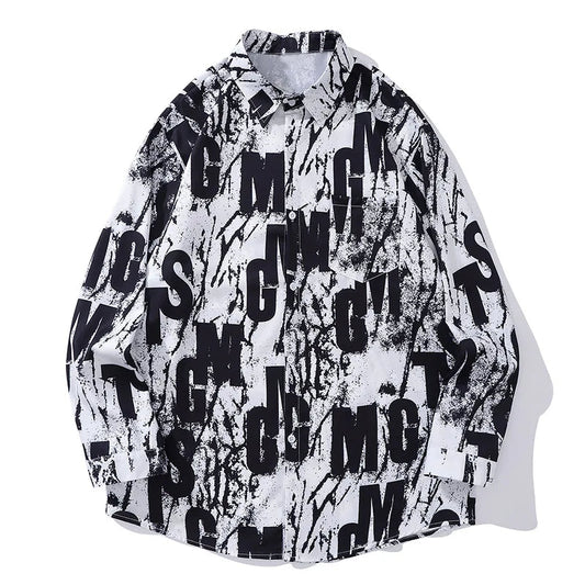 Layered Techwear Shirt Jacket – Hip Hop Multi Letter Graphic Print Long Sleeve Shirts For Men Irregular Graffiti Lapel Button Shirt Autumn Fashion Oversized | Button Shirt Drop #555