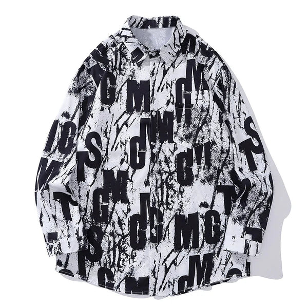 Layered Techwear Shirt Jacket – Hip Hop Multi Letter Graphic Print Long Sleeve Shirts For Men Irregular Graffiti Lapel Button Shirt Autumn Fashion Oversized | Button Shirt Drop #555