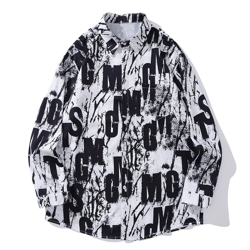 Layered Techwear Shirt Jacket – Hip Hop Multi Letter Graphic Print Long Sleeve Shirts For Men Irregular Graffiti Lapel Button Shirt Autumn Fashion Oversized | Button Shirt Drop #555