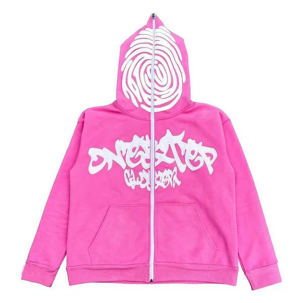 Y2K Zip Hoodie Irregular Pattern Goth Pullover Gothic Long Sleeve Over