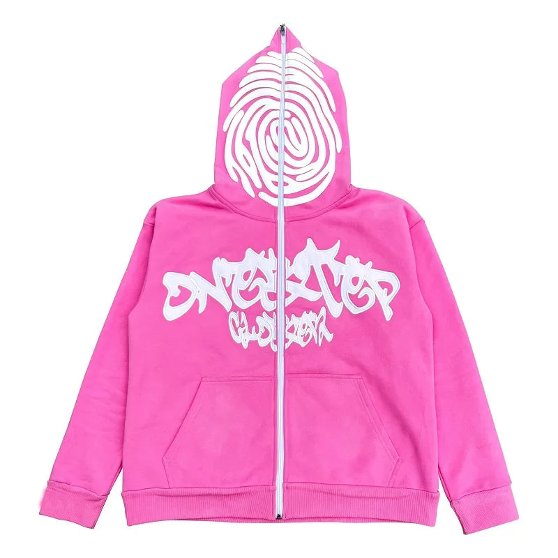 Y2K Zip Hoodie Irregular Pattern Goth Pullover Gothic Long Sleeve Over
