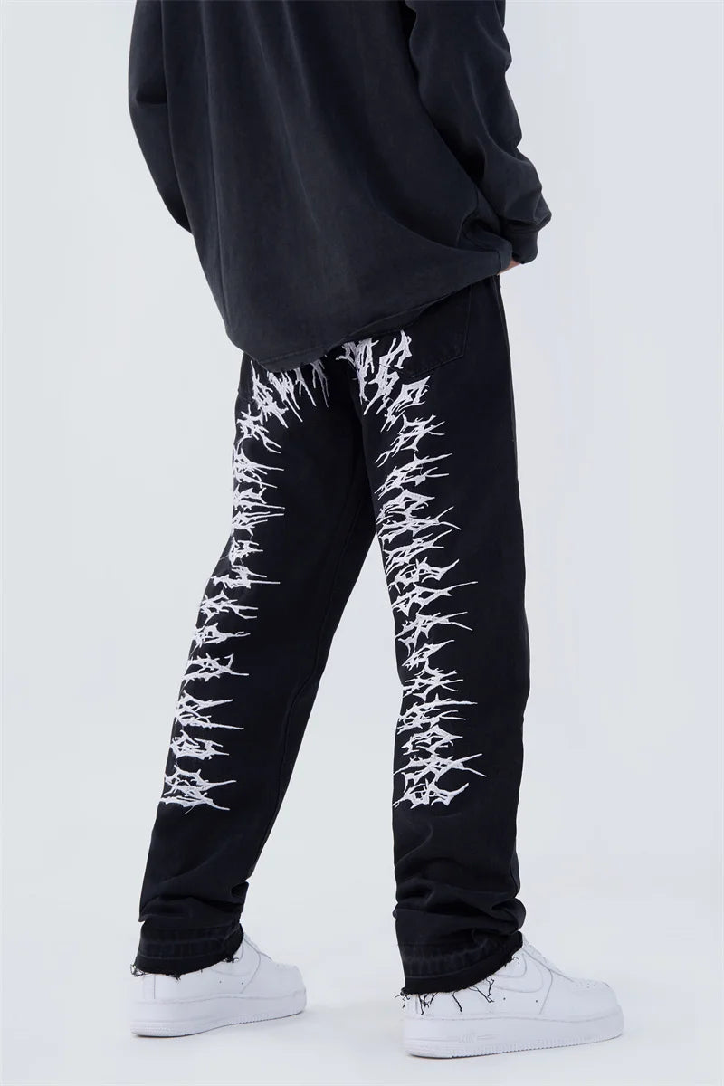 fashion back letters embroidery denim jeans mens casual zipper straight harajuku jean trouser hip hop streetwear pants joggers unique joggers style 5469