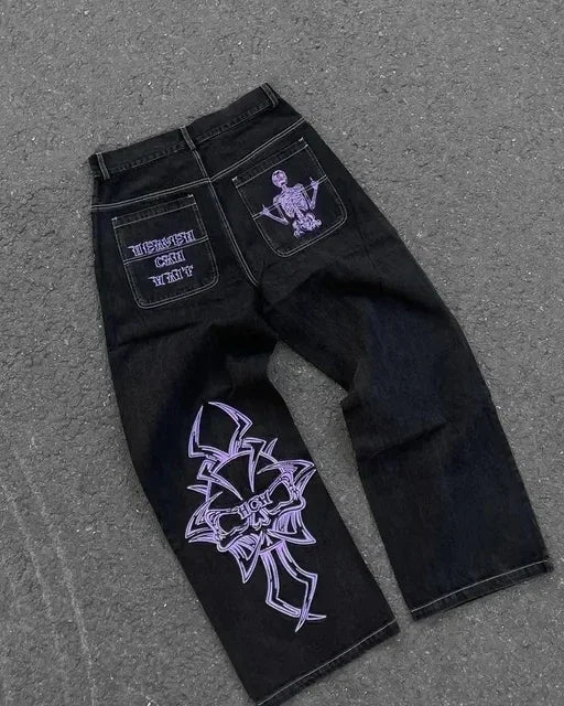 goth hip hop oversized skull embroidery pattern y2k baggy jeans new men and women straight black jeans retro casual denim pants unique jeans style 919