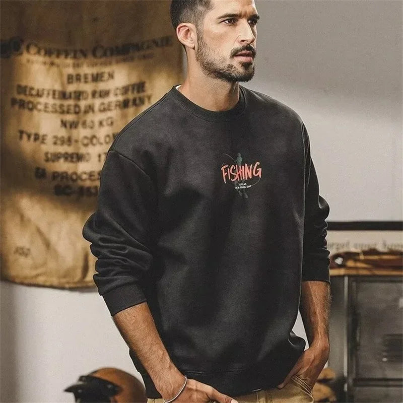 Autumn Funny Fishing Graphic Print Sweatshirts For Men High Street Let