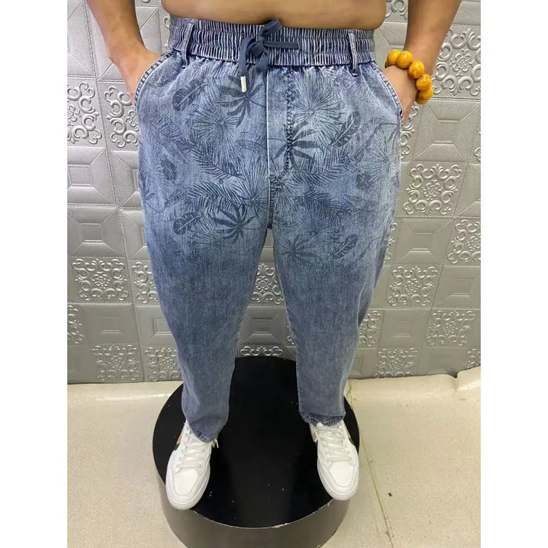 summer thin loose wide leg men jeans soft lyocell elastic fashion casual straight drawstring denim trousers black blue gray unique jeans style 1951