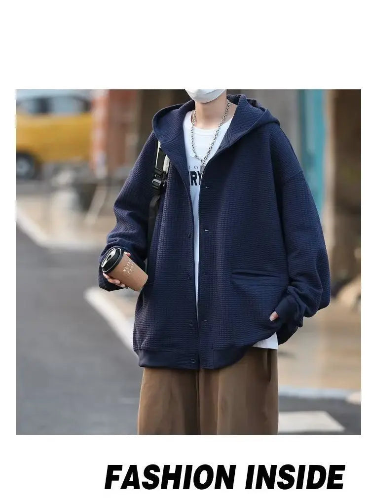 Korean Retro Y2K Waffle Hooded Jacket for Men and Women Ins Harajuku Style Casual Loose Couple Wear Cardigan Sweatshirt