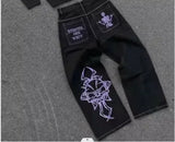 blue jeans for women y2k harajuku hip hop sakura embroidery retro patch heavy baggy jeans high waist wide leg trouser streetwear unique jeans style 820