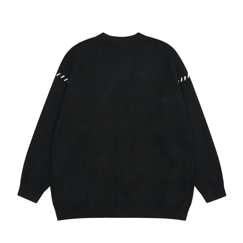 hip hop knitted pullover, bold design pullover, cozy fashion fit, stylish street outfit, modern aesthetic appeal