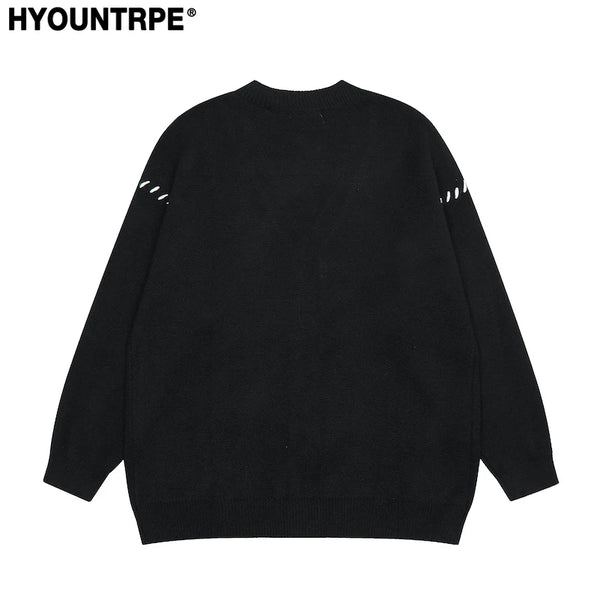 hip hop knitted pullover, bold design pullover, cozy fashion fit, stylish street outfit, modern aesthetic appeal