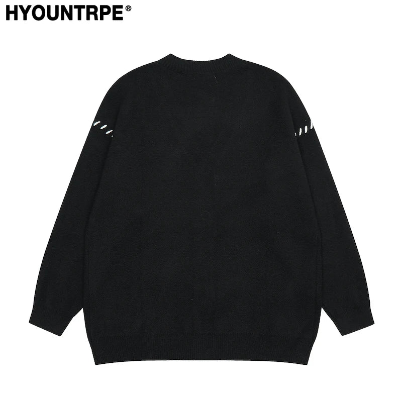 hip hop knitted pullover, bold design pullover, cozy fashion fit, stylish street outfit, modern aesthetic appeal