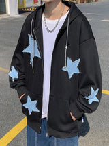 Mens Star Patch Zip Up Hoodie For Men Oversized Y2K Sweatshirt Jacket