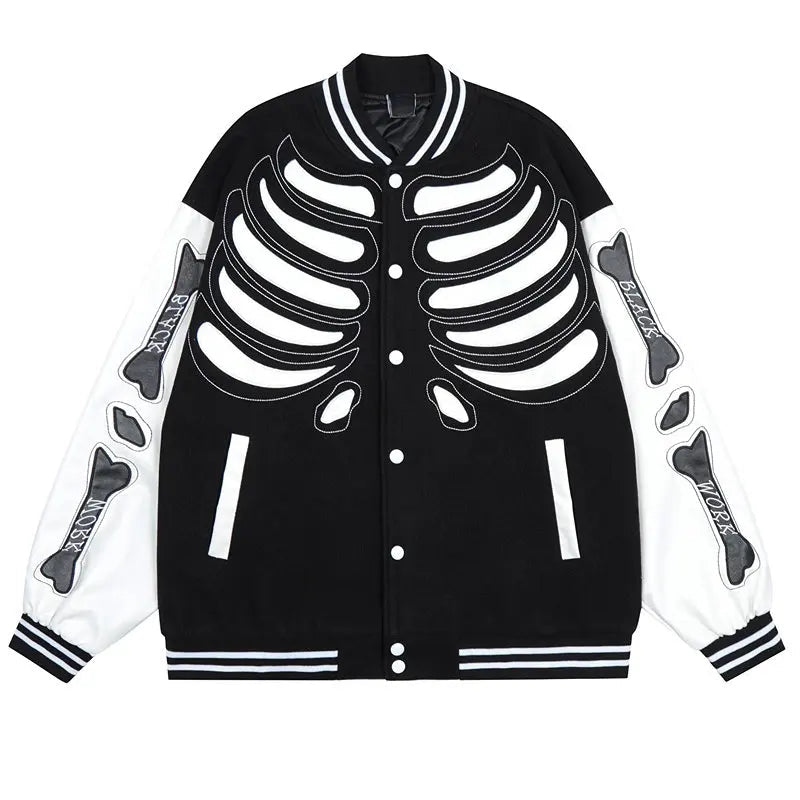 Mens Streetwear Jacket Bone Skeleton Baseball Bomber Retro Coat Hip Hop Harajuku Loose Oversized Unisex khaki streetwear jack - variant style eea2cf for streetwear fashion