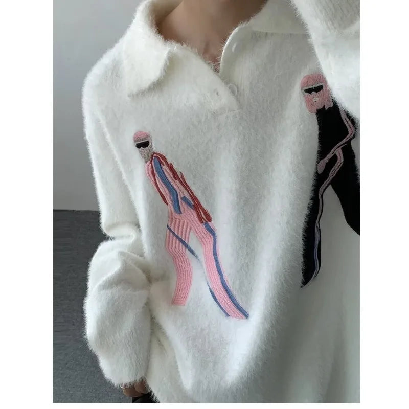 bold graphic pullover, layered streetwear look, soft knit pullover with flame design, y2k fashion statement