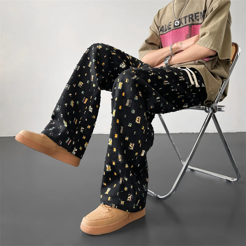 cotton casual pants men fashion retro colored plaid pants men streetwear hip hop loose hollow out pants mens hole trousers m 3xl unique default style 3802