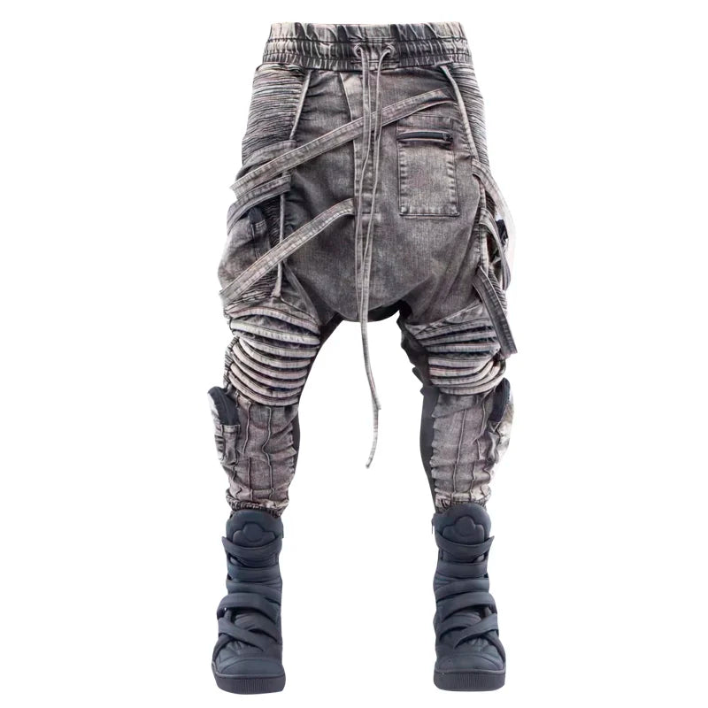 vintage motorcycle trousers joggers mens asymmetric straped pleated cross pants function elastic waist trousers unique joggers style 4593