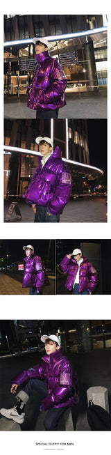 Winter Jacket Men Parkas Thicken Warm Coat Stand Collar Oversize Parkas Bright Leather Fabric Jacket Korean Style Padded Coat