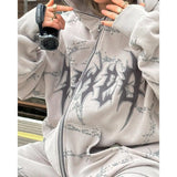 2024 European and American style loose men's zipper sweatshirt trend ins retro printed long-sleeved hooded jacket top
