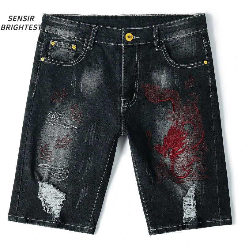 Summer Embroidered Eagle Denim Shorts Men's Summer Thin Fit Good Quality Ripped