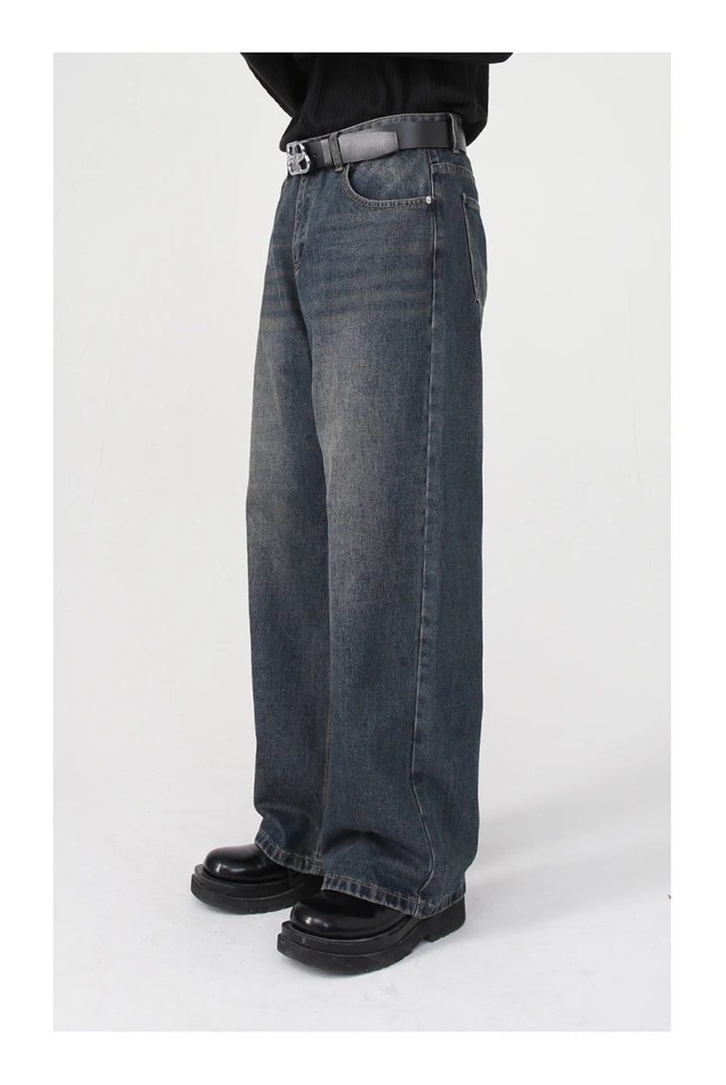 men baggy jeans korean fashion loose straight denim pants male blue casual jeans trousers unique jeans style 4392