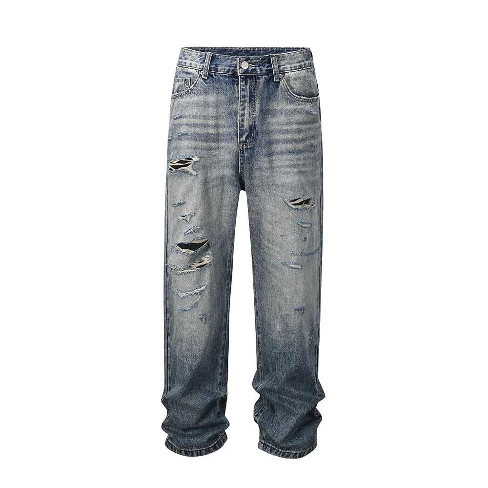 distressed frayed hole washed baggy jeans pants unisex pantalones hombre streetwear y2k straight casual denim trousers oversized unique jeans style 5883