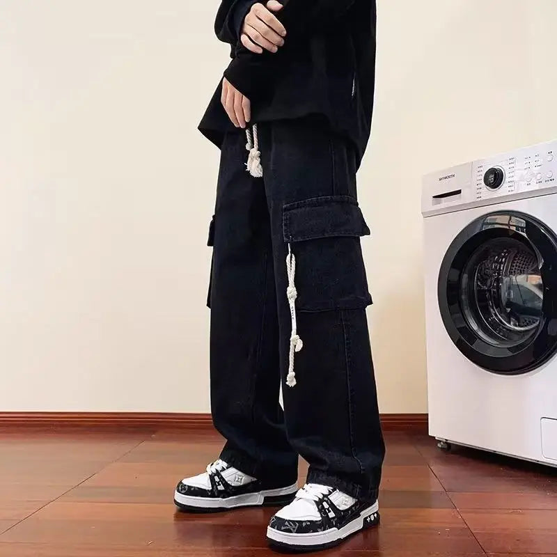american retro and personalized straight leg jeans for men and women with hiphop big pocket design work pants loose casual pants unique jeans style 775