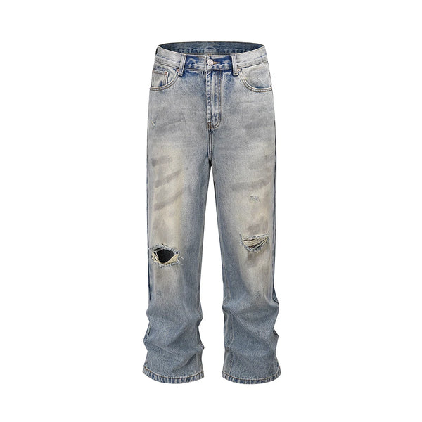damaged washed blue baggy jeans for men straight hole distressed casual cargo pants frayed streetwear denim trousers oversized multi-pocket cargos