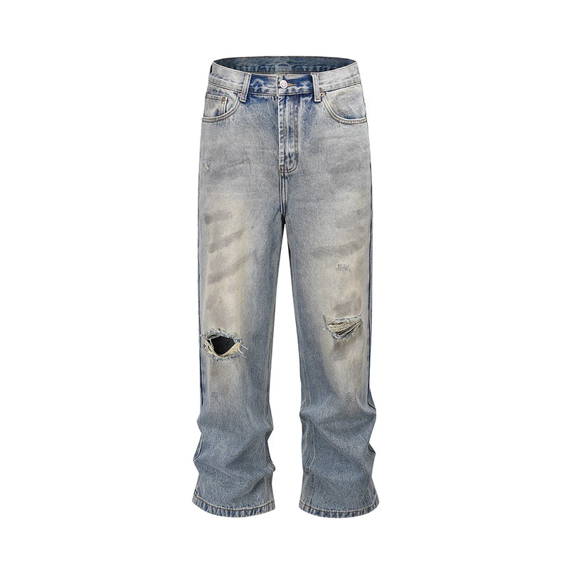 damaged washed blue baggy jeans for men straight hole distressed casual cargo pants frayed streetwear denim trousers oversized multi-pocket cargos