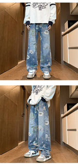 american high street floral printed jeans for men 2024 new y2k vintage denim trousers hip hop fashion wide leg baggy jean pants unique jeans style 423