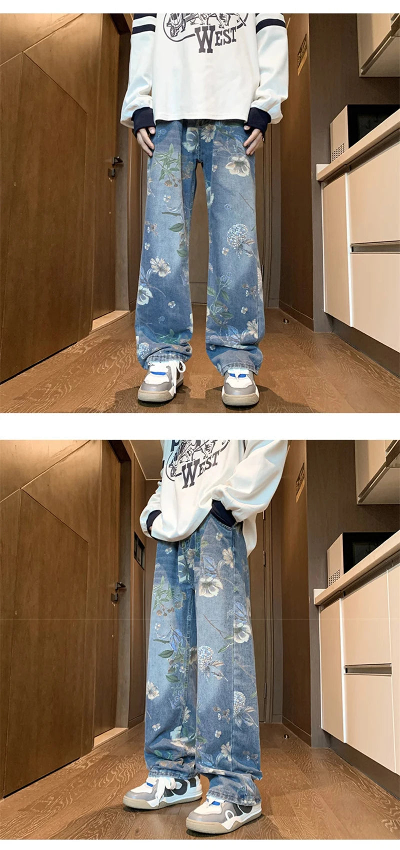 american high street floral printed jeans for men 2024 new y2k vintage denim trousers hip hop fashion wide leg baggy jean pants unique jeans style 423