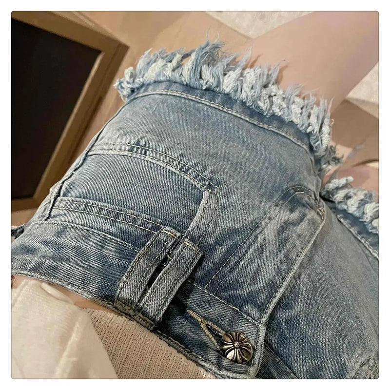 Raw Edge Fringe Gothic Style Denim Shorts Female Summer American Street High Waist Design Sense Casual A Word Super Short