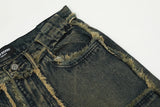 streetwear heavy craft washed distressed faded jeans flare slim straight tassel jeans for men and women raw edge denim pants unique jeans style 670