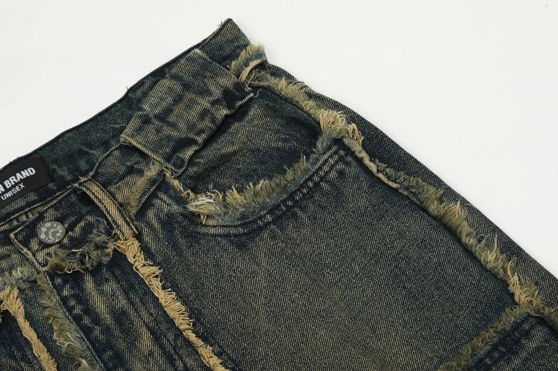 streetwear heavy craft washed distressed faded jeans flare slim straight tassel jeans for men and women raw edge denim pants unique jeans style 670