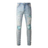 american style high street light blue ripped jeans mens pic slim fit stretch ripped skinny pants denim street jeans