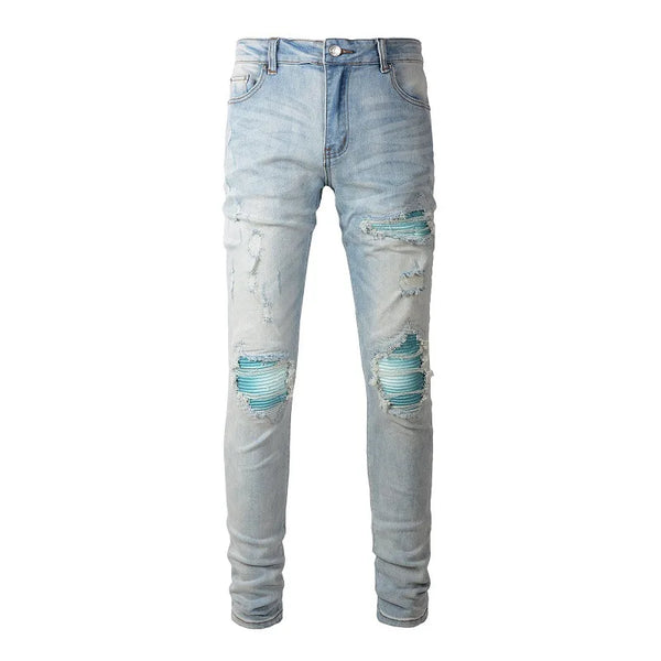 american style high street light blue ripped jeans mens pic slim fit stretch ripped skinny pants denim street jeans