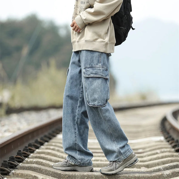 2023 spring new affordable luxury fashion retro jeans men loose straight wide leg pants boutique clothing simple style urban skinny jeans