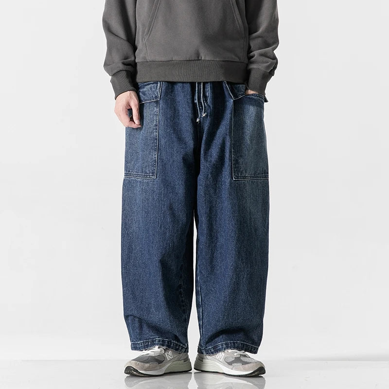 large size jeans basic denim pants solid color mens casual wide leg pants waist elastic hip hop baggy man trousers unique jeans style 381