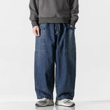 large size jeans basic denim pants solid color mens casual wide leg pants waist elastic hip hop baggy man trousers unique jeans style 381