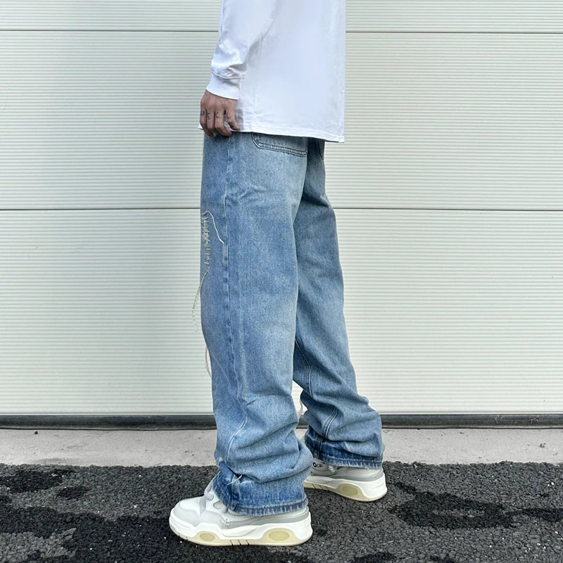 fashion loose streetwear denim jeans new casual wide legs straight jean pants hip hop tassel joggers baggy jeans men clothing unique joggers style 416